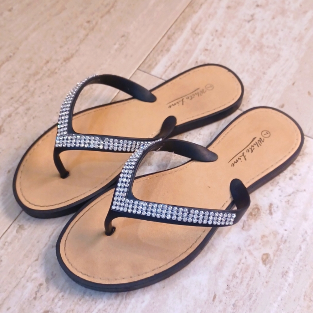 White Line Rhinestone Flip Flops